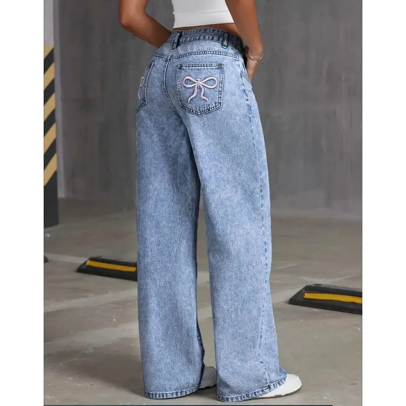 DOLF® BowBack High-Waist Wide-Leg Embroidered Denim Jeans