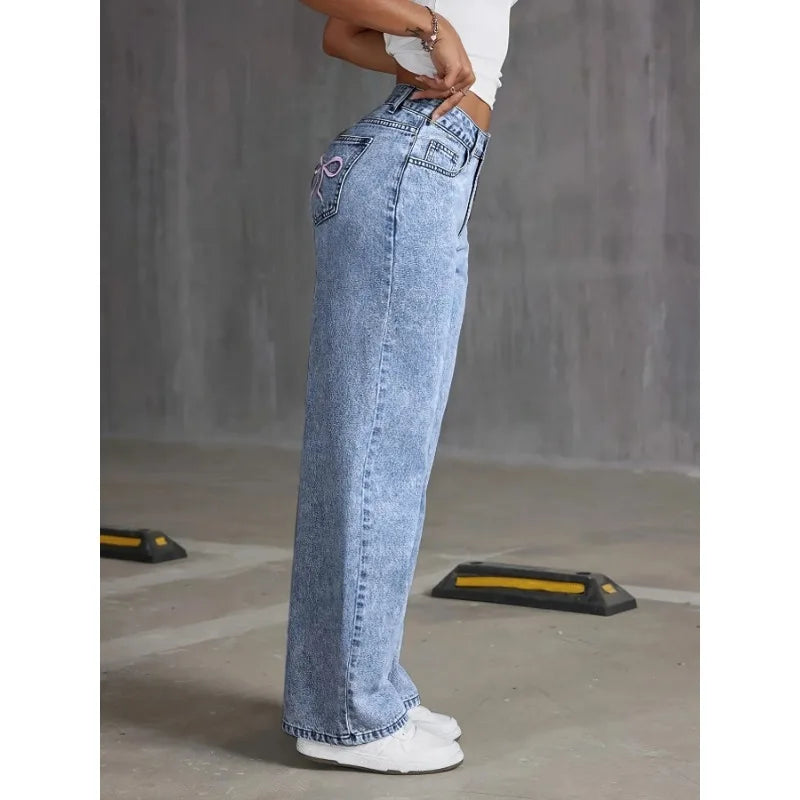 DOLF® BowBack High-Waist Wide-Leg Embroidered Denim Jeans